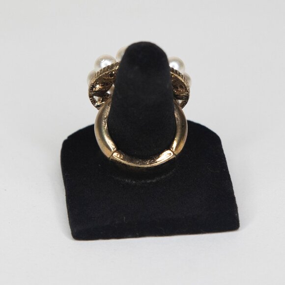 Adjustable Band Fashion Ring Size 6.5 Faux Diamonds Faux Pearls Faux Gold Band - Picture 3 of 15